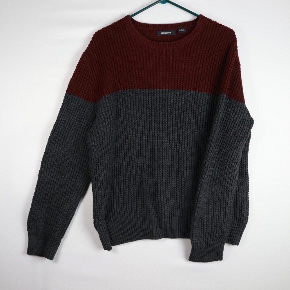 Claiborne Mens Sweater Large Round Neckline Long Sleeve Ribbed Gray/Red Cotton
